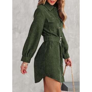 Dokotoo Women's Casual V Neck Corduroy Long Sleeve Button Down Tunic Dresses with Belt,S,Green
