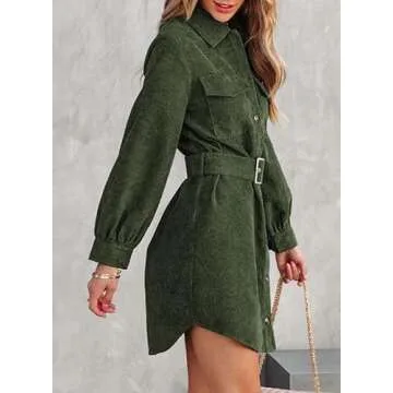 Dokotoo Women's Casual V Neck Corduroy Long Sleeve Button Down Tunic Dresses with Belt,S,Green