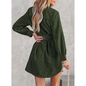 Dokotoo Women's Casual V Neck Corduroy Long Sleeve Button Down Tunic Dresses with Belt,S,Green