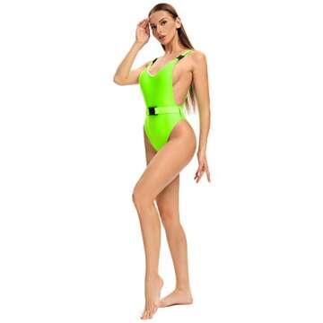 MIAIULIA Women's High Leg Buckle One Piece Backless Swimsuit Rave Bodysuit Fluorescent Green Buckle M