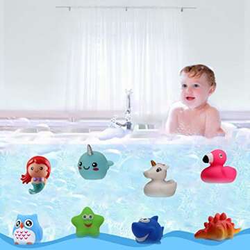 Jomyfant Bath Toys (8 Packs Rubber Animals Toys) Light Up Floating Rubber Toys Flashing Color Changing Light in Water Bathtub Shower Games Toys for Baby Kids Toddler Child …