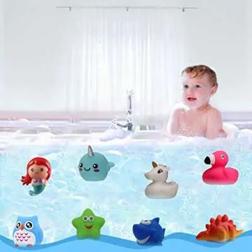 Jomyfant Bath Toys (8 Packs Rubber Animals Toys) Light Up Floating Rubber Toys Flashing Color Changing Light in Water Bathtub Shower Games Toys for Baby Kids Toddler Child …