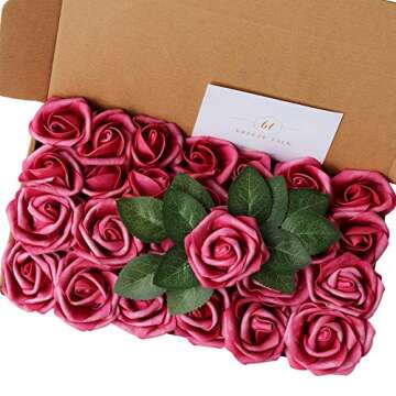 Breeze Talk Artificial Flowers Rose Buds & Small Roses w/Stem DIY Wedding Bouquets Centerpieces Arrangements Baby Shower Party Home Decorations (26pcs Fuchsia)