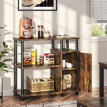 Bestier Kitchen Bakers Rack with Storage Industrial Microwave Oven Stand with Cabinet Coffee Station Kitchen Island Organizer Workstation with Hooks, Rustic Brown