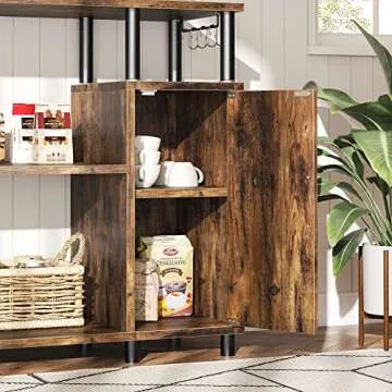 Bestier Kitchen Bakers Rack with Storage Industrial Microwave Oven Stand with Cabinet Coffee Station Kitchen Island Organizer Workstation with Hooks, Rustic Brown