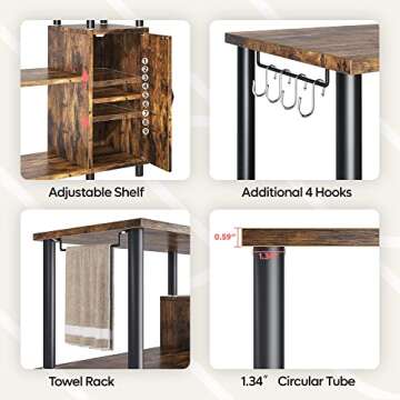 Bestier Kitchen Bakers Rack with Storage Industrial Microwave Oven Stand with Cabinet Coffee Station Kitchen Island Organizer Workstation with Hooks, Rustic Brown