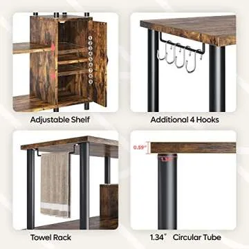 Bestier Kitchen Bakers Rack with Storage Industrial Microwave Oven Stand with Cabinet Coffee Station Kitchen Island Organizer Workstation with Hooks, Rustic Brown