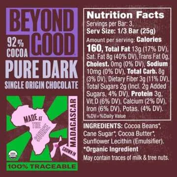 Beyond Good, Organic 92% Dark Chocolate Bar, 2.64 Ounce