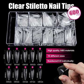 Clear Stiletto Nail Tips Full Cover, Teenitor 600pcs Long Nail Tips for Acrylic Nails, Long Acrylic ...