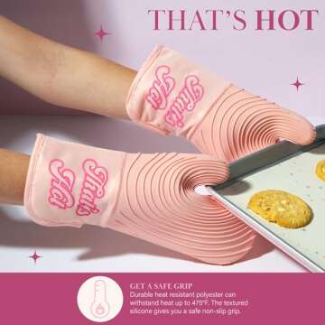 Paris Hilton Oven Mitt Set with Iconic That's HOT Design, Heat Resistant Pot Holders Featuring Non-Slip Textured Silicone Grips, 2-Piece Set, Pink