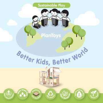 PlanToys Green Wooden Dollhouse with Furniture - Chemical-Free Green Toy Featuring 18 Wooden Furtniture Set