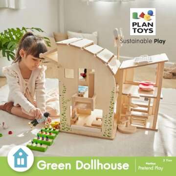 PlanToys Green Wooden Dollhouse with Furniture - Chemical-Free Green Toy Featuring 18 Wooden Furtniture Set