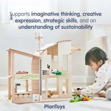 PlanToys Green Wooden Dollhouse with Furniture - Chemical-Free Green Toy Featuring 18 Wooden Furtniture Set