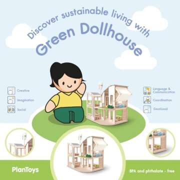 PlanToys Green Wooden Dollhouse with Furniture - Chemical-Free Green Toy Featuring 18 Wooden Furtniture Set