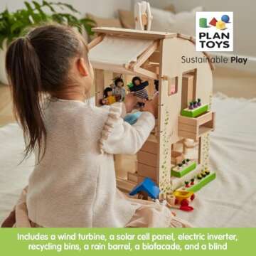 PlanToys Green Wooden Dollhouse with Furniture - Chemical-Free Green Toy Featuring 18 Wooden Furtniture Set