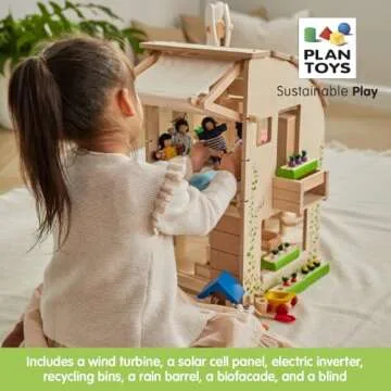 PlanToys Green Wooden Dollhouse with Furniture - Chemical-Free Green Toy Featuring 18 Wooden Furtniture Set