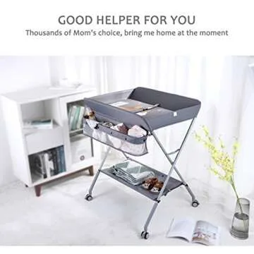 EGREE Baby Changing Table Portable Folding Diaper Changing Station with Wheels, Adjustable Height Mobile Nursery Organizer with Safety Belt and Large Storage Racks for Newborn Baby and Infant, Gray