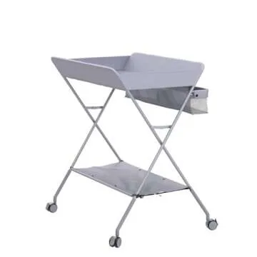 EGREE Baby Changing Table Portable Folding Diaper Changing Station with Wheels, Adjustable Height Mobile Nursery Organizer with Safety Belt and Large Storage Racks for Newborn Baby and Infant, Gray