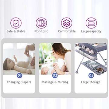EGREE Baby Changing Table Portable Folding Diaper Changing Station with Wheels, Adjustable Height Mobile Nursery Organizer with Safety Belt and Large Storage Racks for Newborn Baby and Infant, Gray