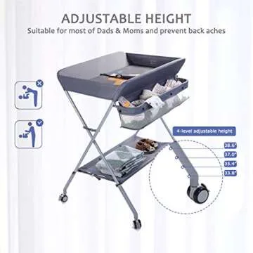 EGREE Baby Changing Table Portable Folding Diaper Changing Station with Wheels, Adjustable Height Mobile Nursery Organizer with Safety Belt and Large Storage Racks for Newborn Baby and Infant, Gray