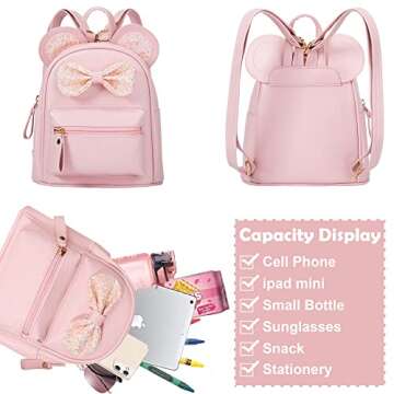 Sunwel Fashion Cutest Toddler Sequin Bow Mouse Ears Bag Mini Travel Shoulder Backpack for Teen Little Girls with Pom Pom(pink)