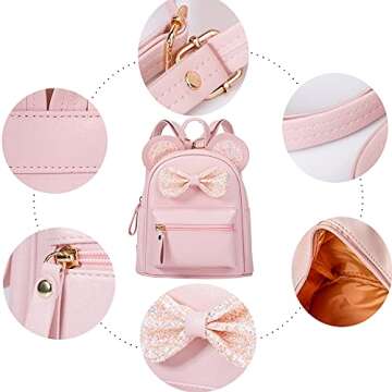 Sunwel Fashion Cutest Toddler Sequin Bow Mouse Ears Bag Mini Travel Shoulder Backpack for Teen Little Girls with Pom Pom(pink)