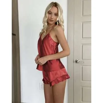 Ekouaer Satin Pajama Set for Women Silk Pjs for Women Set Camisole Top and Shorts with Ruffle Sleepwear Red