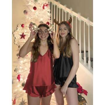 Ekouaer Satin Pajama Set for Women Silk Pjs for Women Set Camisole Top and Shorts with Ruffle Sleepwear Red