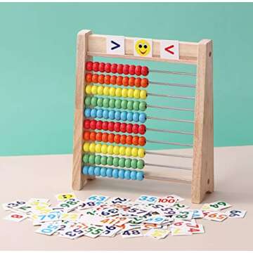 Educational Abacus for Kids Math - Wooden Counting Frame with Cards for Learning