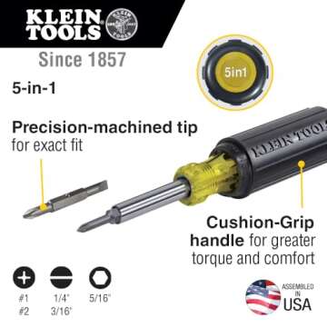 Klein Tools 32476 5-In-1 Multi-Bit Screwdriver / Nut Driver with 2 Slotted, 2 Philips, and 1 Nut Dri...