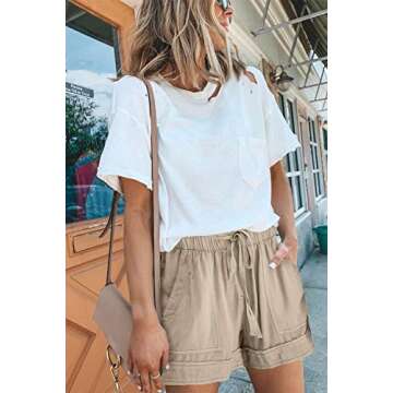 Acelitt Women Casual Fashion Summer 2024 Shorts Comfy Drawstring Elastic Waist Vacation Beach Linen Shorts Resort Wear Cruise Outfits Khaki Large