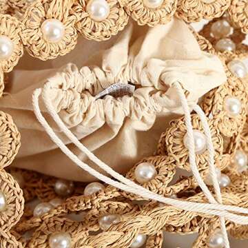 QTKJ Hand-woven Hollow Out Soft Straw Shoulder Bag with Pearl Flower, Boho Straw Handle Tote Summer Beach Bag Handbag