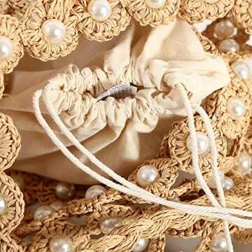 QTKJ Hand-woven Hollow Out Soft Straw Shoulder Bag with Pearl Flower, Boho Straw Handle Tote Summer Beach Bag Handbag