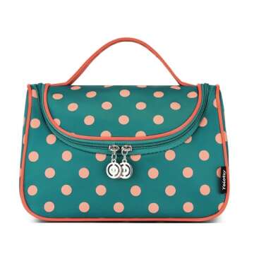 Yeiotsy Cute Travel Makeup Bag, Cute Polka Dots Toiletry Bag with Handle for Girls Cosmetic Organizer for Women (Lake Blue)