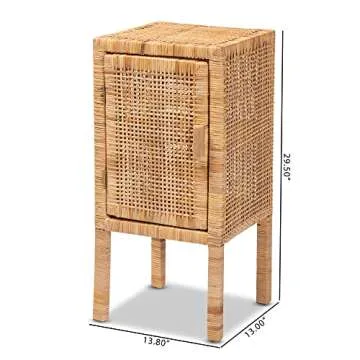 bali & pari Vivan Modern Bohemian 1-Door Nightstand Made with Solid Mahogany Wood and Woven Rattan