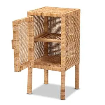 bali & pari Vivan Modern Bohemian 1-Door Nightstand Made with Solid Mahogany Wood and Woven Rattan