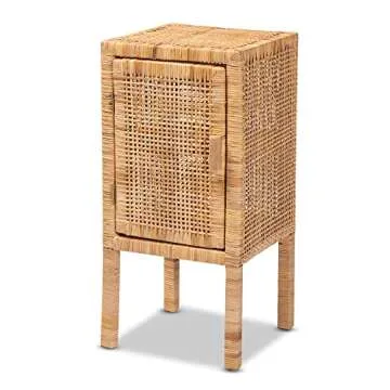 bali & pari Vivan Modern Bohemian 1-Door Nightstand Made with Solid Mahogany Wood and Woven Rattan