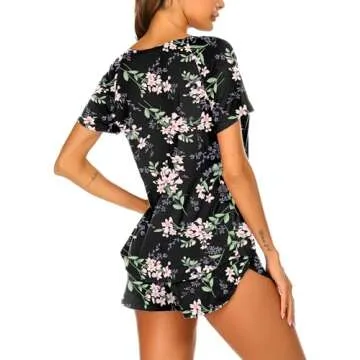 Ekouaer Printed Pajama For Women Summer Sleepwear Button Down Nightwear Casual 2 Piece Outfits Sweatsuit With Pockets Black L