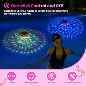 Goallim Solar Floating Pool Lights Flamingo Dynamic Lighting Effect, RGB Color Changing Auto Glow Flamingo Pool Lights That Float, IP68 Waterproof Hangable Floating Lights for Pool Party Decor - 2PCS