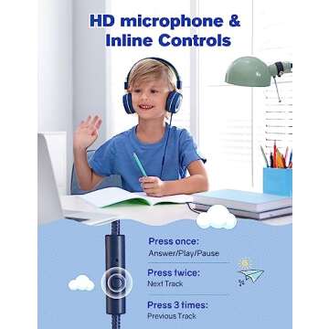 KLYLOP Kids Headphones with Microphone - 91dB Safe Volume Limited, Stereo Sounds, Wired On-Ear Headsets for Kids Teens with Sharing Splitter, Foldable Headset for School/Tablet/Travel