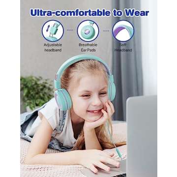 KLYLOP Kids Headphones with Microphone - 91dB Safe Volume Limited, Stereo Sounds, Wired On-Ear Headsets for Kids Teens with Sharing Splitter, Foldable Headset for School/Tablet/Travel