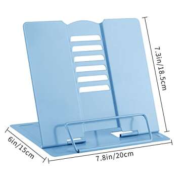 MSDADA Desk Book Stand Metal Reading Rest Book Holder Adjustable Cookbook Documents Holder Bookstands for Recipes Textbook Music Books Christmas Gift for Age 3,4,5,6,7,8,9,10+ Boys Girls (Light Blue)