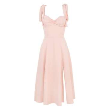 Women Summer Tie Straps Split Midi Dress Wrap Solid Floral Print Sleeveless Ruffle Casual Vintage A Line Beach Dress (Pink,Small)