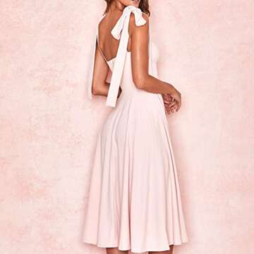 Women Summer Tie Straps Split Midi Dress Wrap Solid Floral Print Sleeveless Ruffle Casual Vintage A Line Beach Dress (Pink,Small)