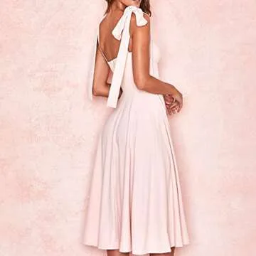 Women Summer Tie Straps Split Midi Dress Wrap Solid Floral Print Sleeveless Ruffle Casual Vintage A Line Beach Dress (Pink,Small)