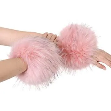 LA CARRIE Women's Leopard Print Faux Fur Wrist Cuffs,Winter Fox Furry Bands Arm Warmer (Pink With Tips)