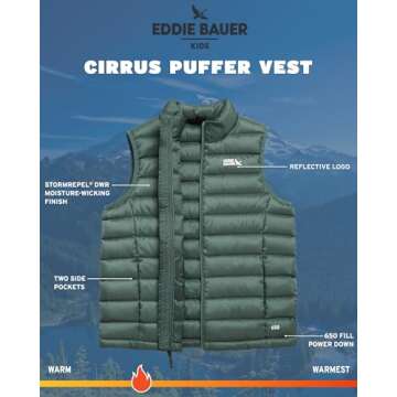 Eddie Bauer Kids' Down Vest - CirrusLite Weather Resistant Quilted Bubble Puffer Vest for Boys and Girls (5-20), Size 5-6, Dark Forest