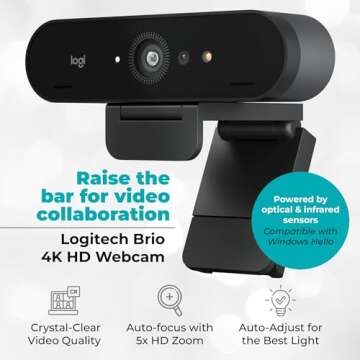 Logitech Brio 4K HD Webcam with Microphone for Desktop with Tripod & Universal Mount - USB Computer Camera - Ultra Pro Wide Angle Webcam Streaming for Meetings & Gaming