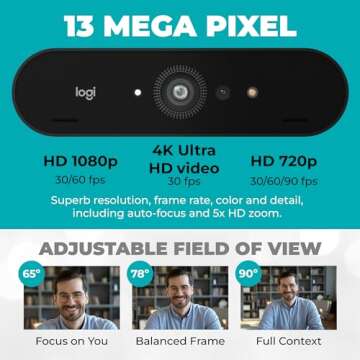 Logitech Brio 4K HD Webcam with Microphone for Desktop with Tripod & Universal Mount - USB Computer Camera - Ultra Pro Wide Angle Webcam Streaming for Meetings & Gaming