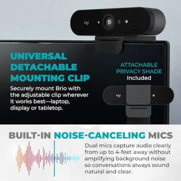 Logitech Brio 4K HD Webcam with Microphone for Desktop with Tripod & Universal Mount - USB Computer Camera - Ultra Pro Wide Angle Webcam Streaming for Meetings & Gaming